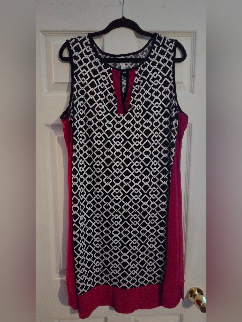Perseption Black & White Geometric Midi Dress with Red Panels